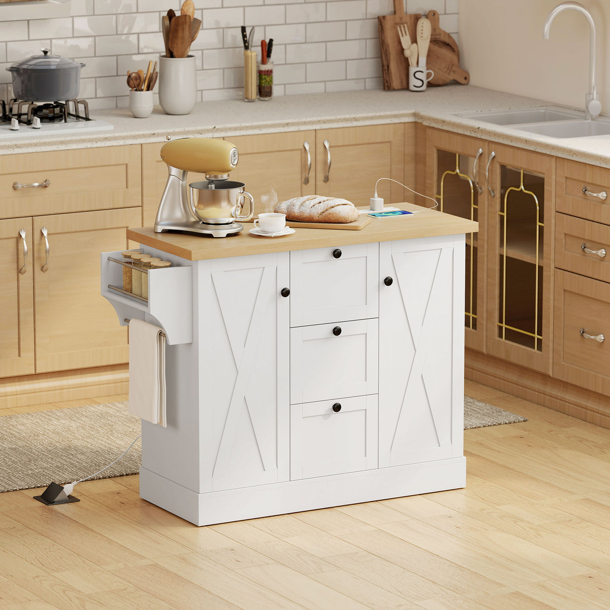 Farmhouse Kitchen Island Cart with Power Outlet and Soft-Close Doors, 49" Kitchen Island with 3 Drawers – view 14