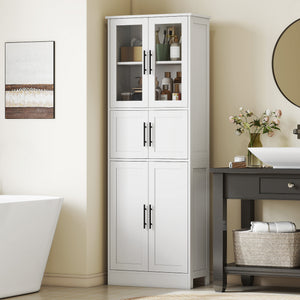 67" Tall Bathroom Storage Cabinet, Modern Freestanding Bathroom Cabinet with Glass Doors and Adjustable Shelves, White