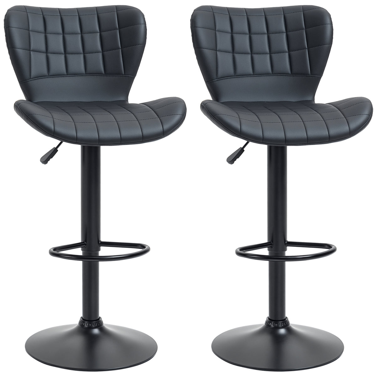 Bar Stools Set of 2, Adjustable Height Swivel Bar Chairs, PU Leather Upholstered Kitchen Counter Stools with Wide Seat, Back and Footrest, Black