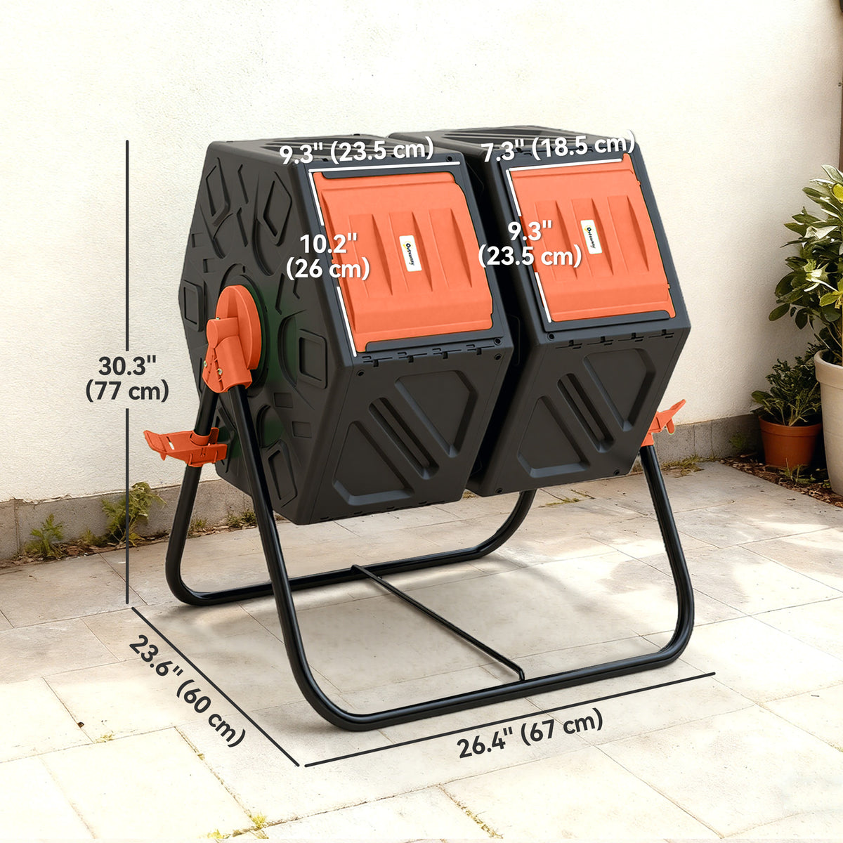 Rotating Composter, Dual Chamber Compost Bin with 24 Vents and Steel Legs, 34.5 Gallon, Brown