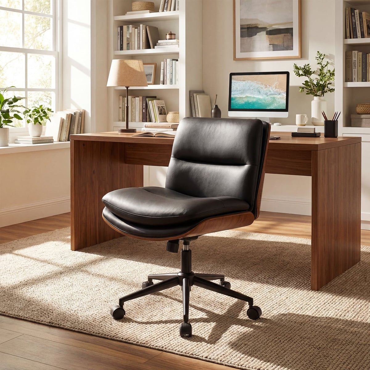 Armless Office Chair with Curved Backrest and Padded Seat-Black view 2