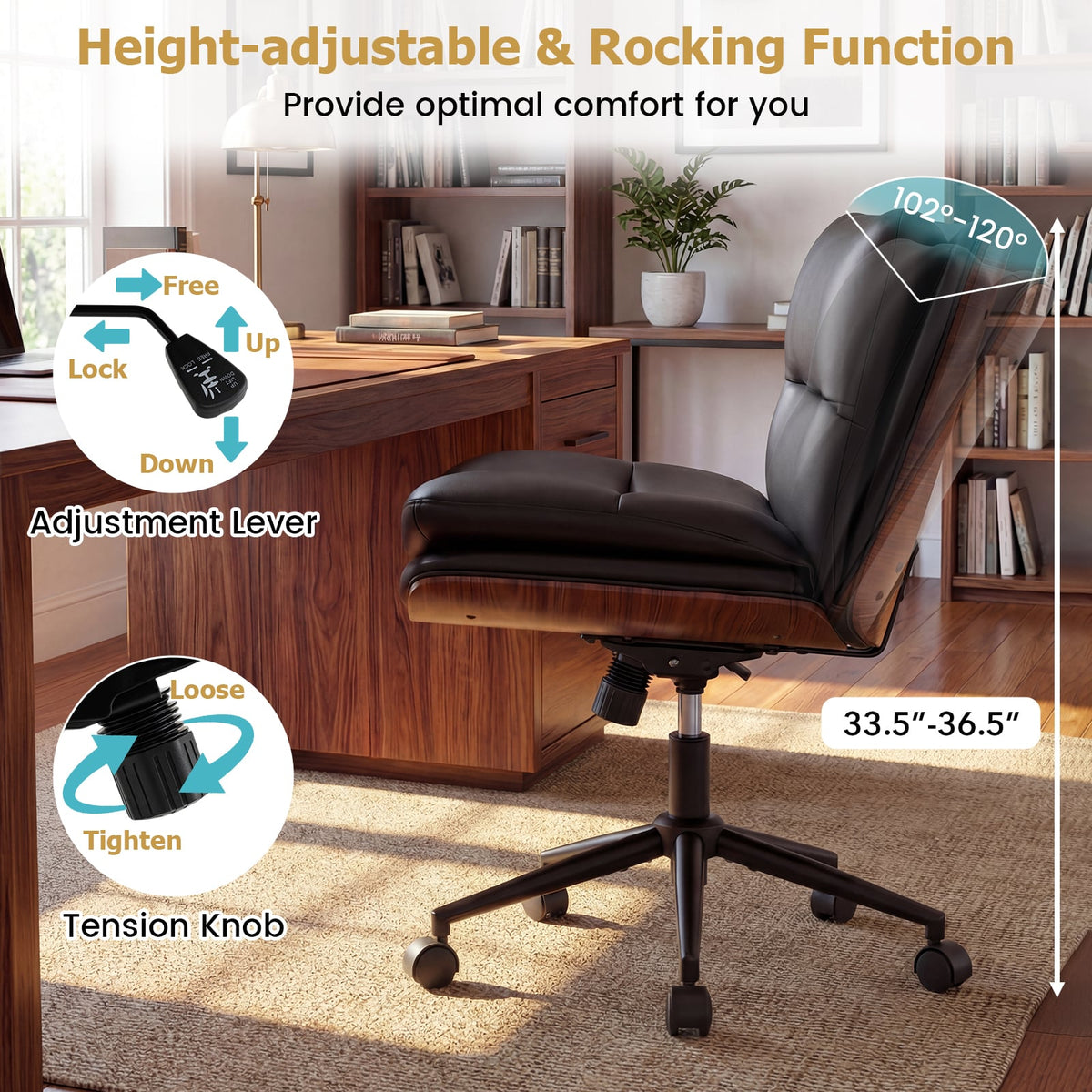 Armless Office Chair with Curved Backrest and Padded Seat-Black view 6