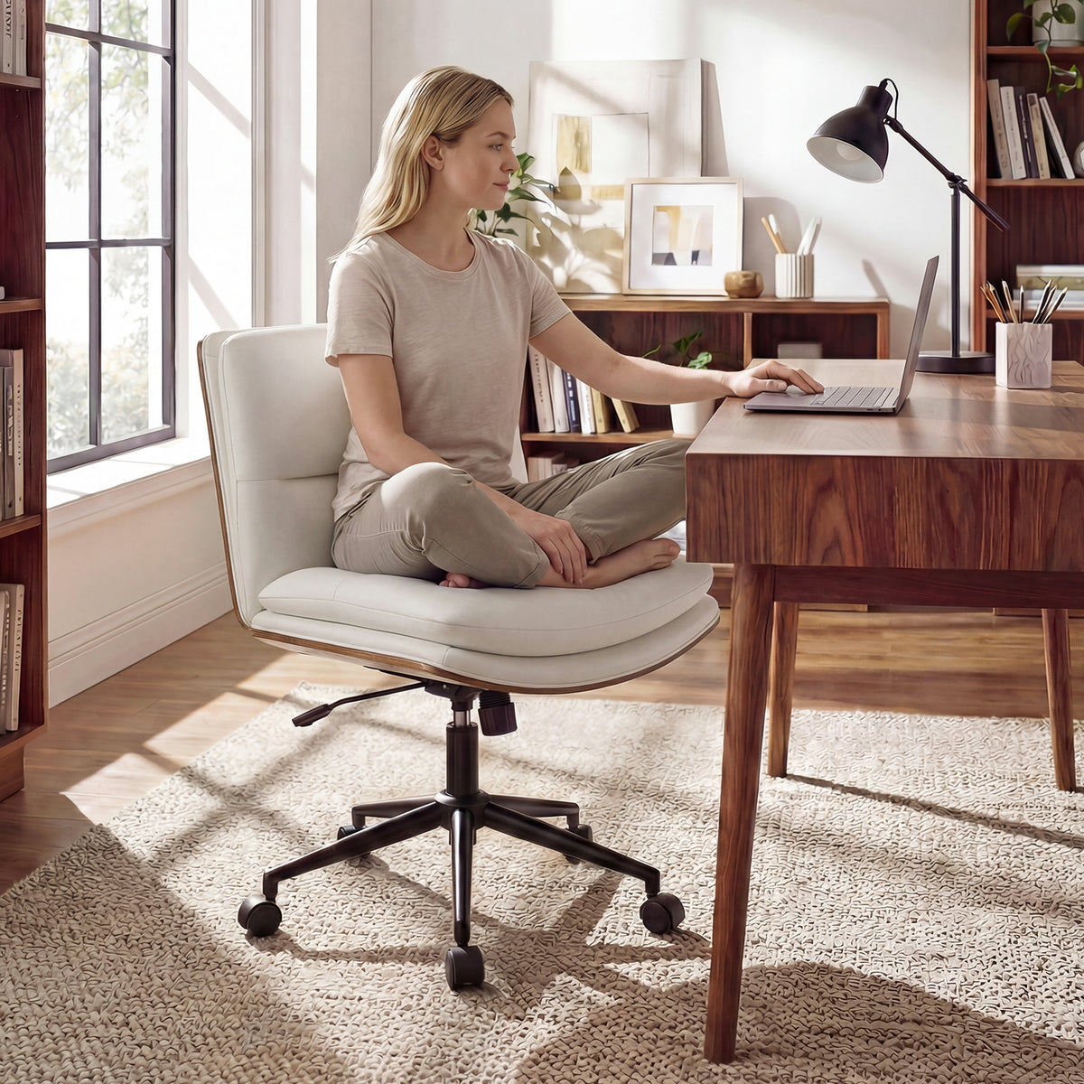 Armless Office Chair with Curved Backrest and Padded Seat-White view 2