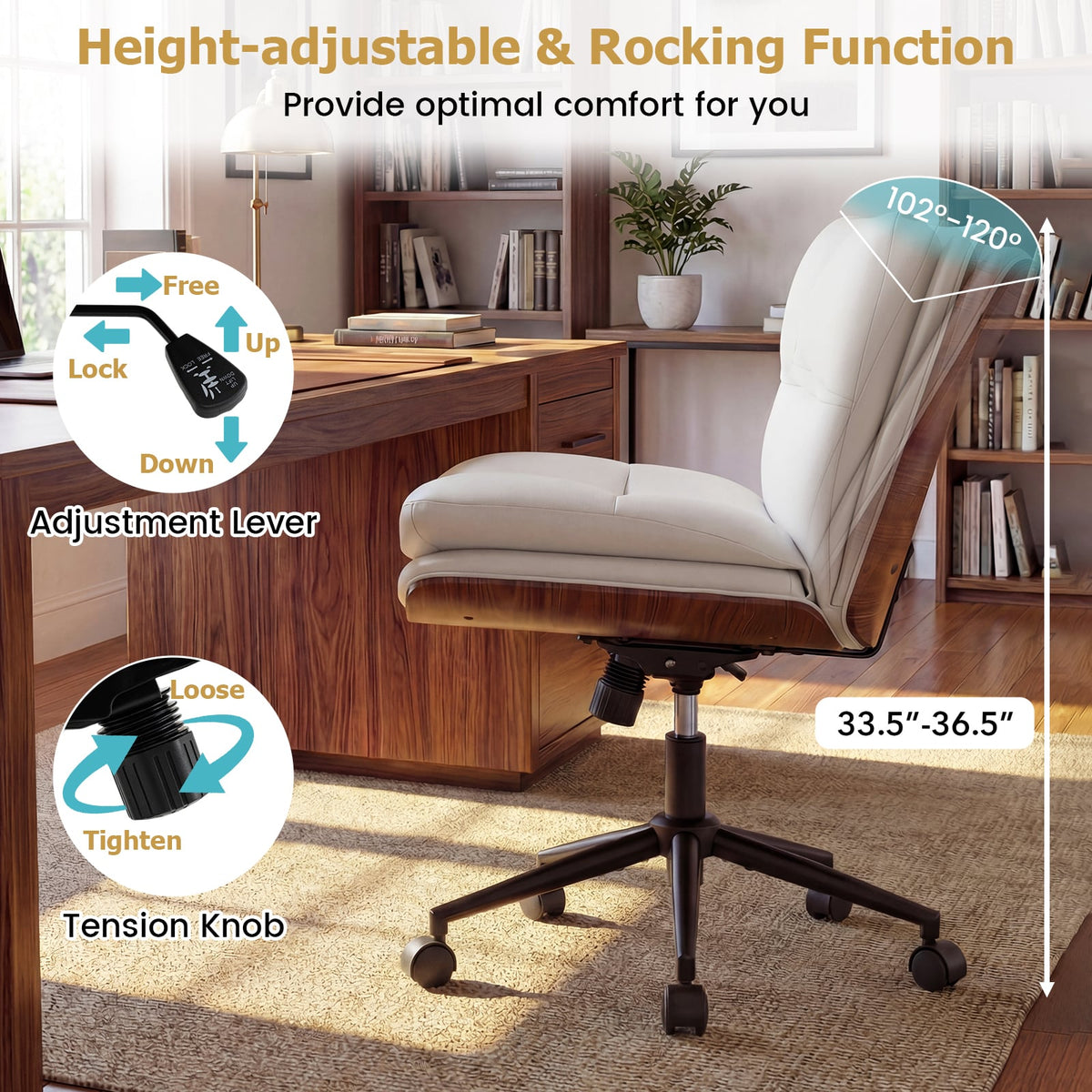 Armless Office Chair with Curved Backrest and Padded Seat-White view 4