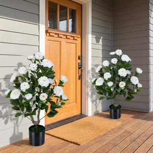 Artificial Camellia Tree Faux Flower Plant in Cement-Filled Pot-White view 2