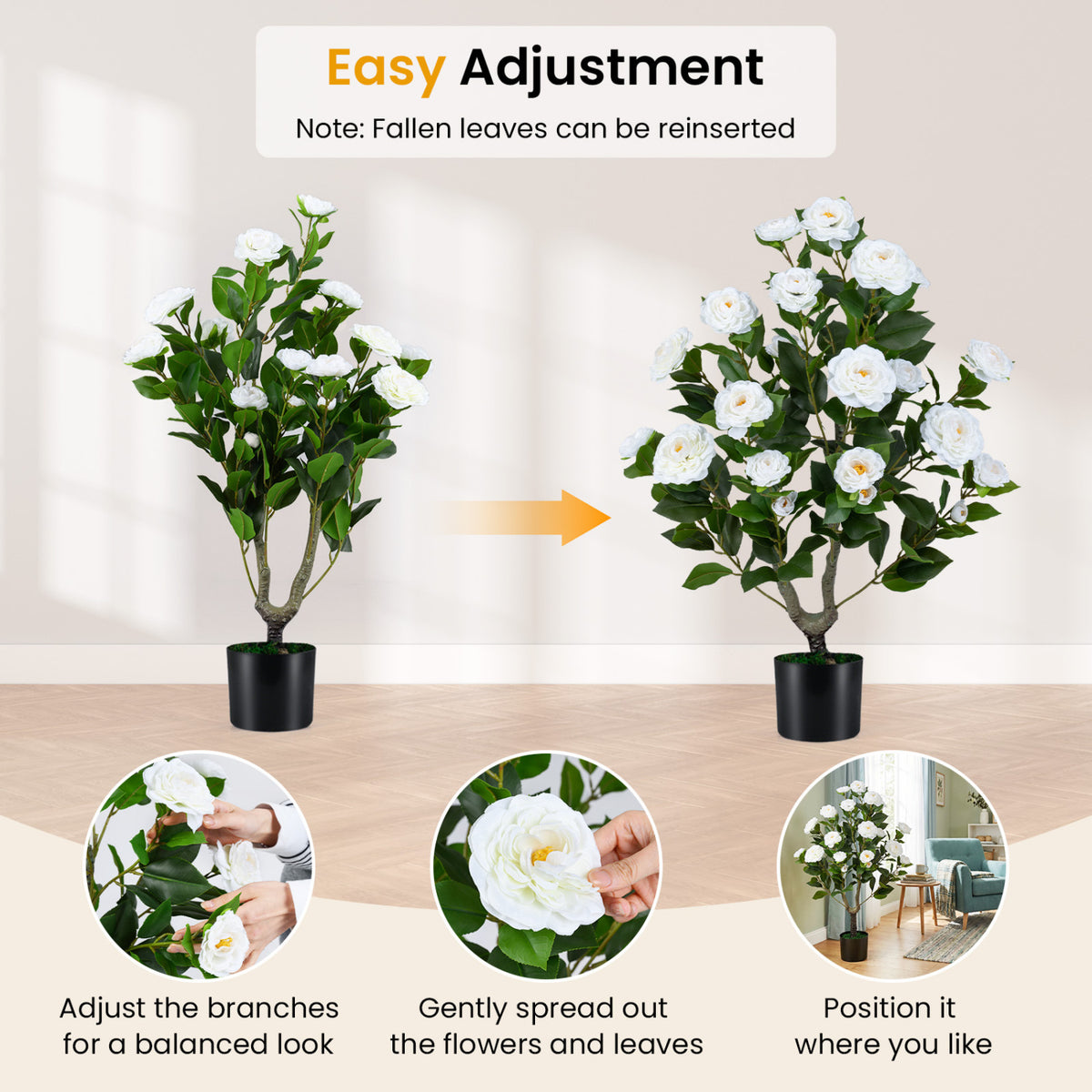 Artificial Camellia Tree Faux Flower Plant in Cement-Filled Pot-White view 5