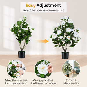 Artificial Camellia Tree Faux Flower Plant in Cement-Filled Pot-White view 5