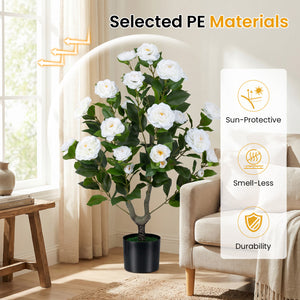 Artificial Camellia Tree Faux Flower Plant in Cement-Filled Pot-White view 6