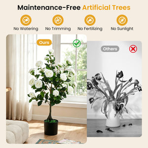 Artificial Camellia Tree Faux Flower Plant in Cement-Filled Pot-White view 7