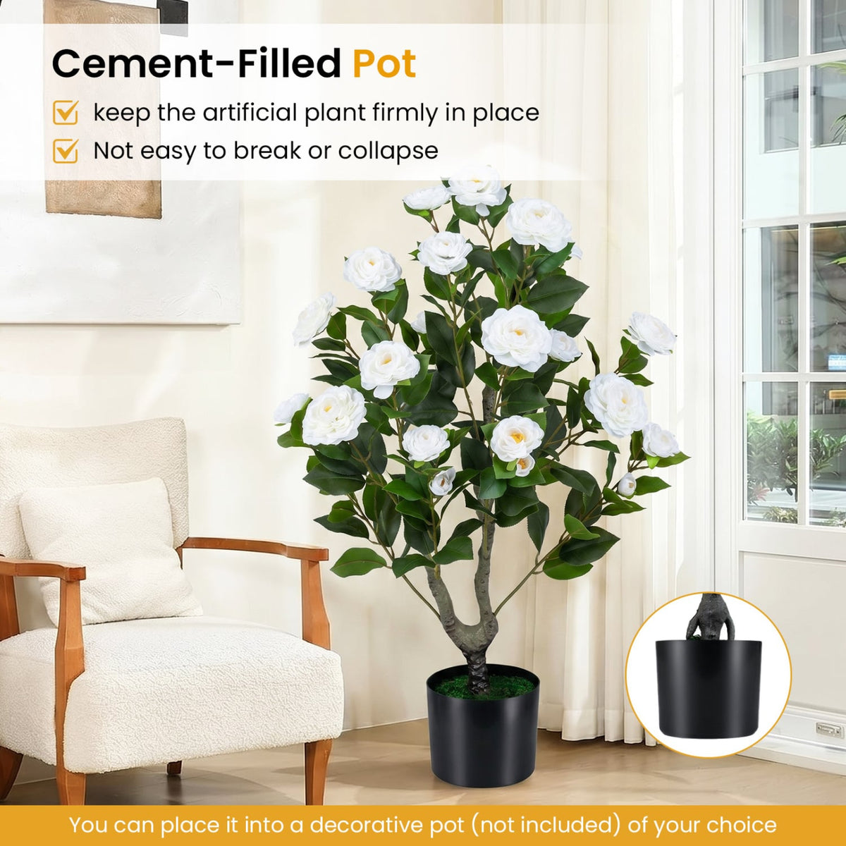Artificial Camellia Tree Faux Flower Plant in Cement-Filled Pot-White view 8