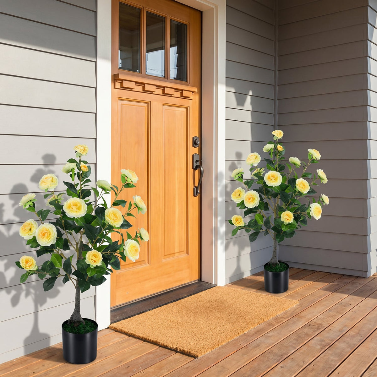 Artificial Camellia Tree Faux Flower Plant in Cement-Filled Pot-Yellow view 2