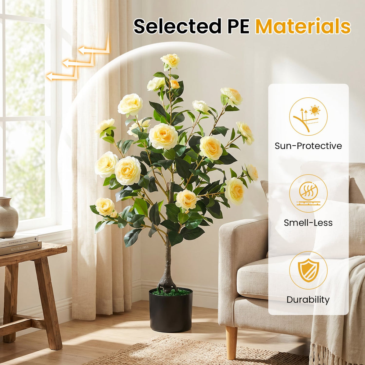 Artificial Camellia Tree Faux Flower Plant in Cement-Filled Pot-Yellow view 5
