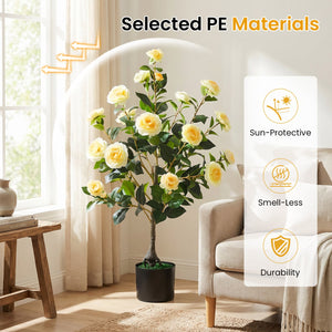 Artificial Camellia Tree Faux Flower Plant in Cement-Filled Pot-Yellow view 5