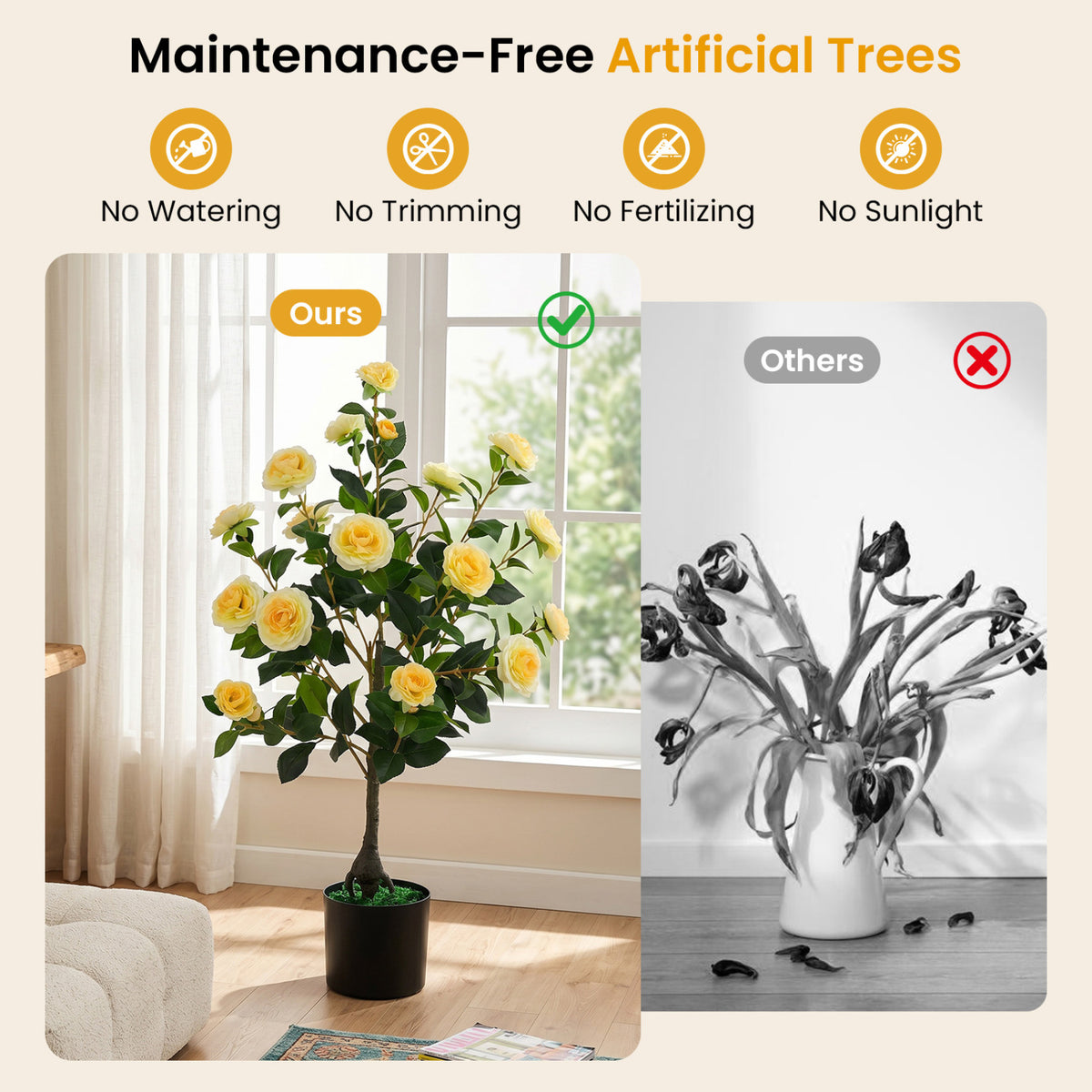 Artificial Camellia Tree Faux Flower Plant in Cement-Filled Pot-Yellow view 6