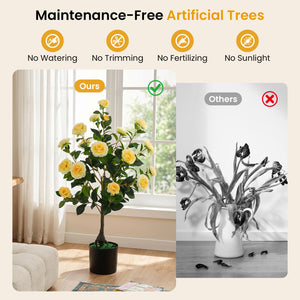 Artificial Camellia Tree Faux Flower Plant in Cement-Filled Pot-Yellow view 6