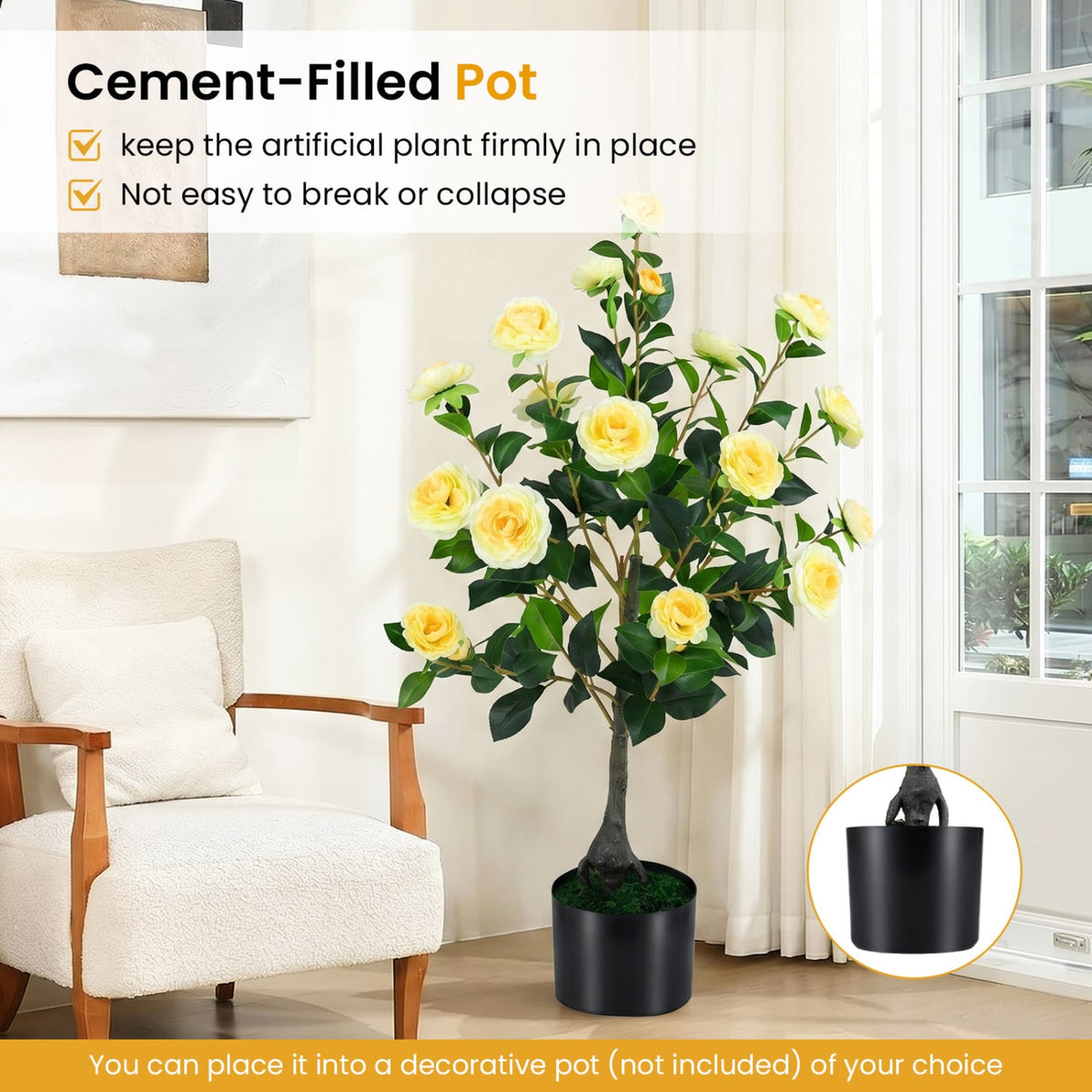 Artificial Camellia Tree Faux Flower Plant in Cement-Filled Pot-Yellow view 7