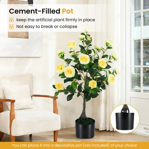 Artificial Camellia Tree Faux Flower Plant in Cement-Filled Pot-Yellow view 7