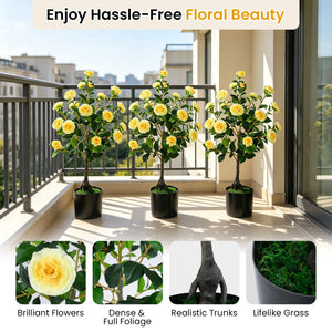 Artificial Camellia Tree Faux Flower Plant in Cement-Filled Pot-Yellow view 9