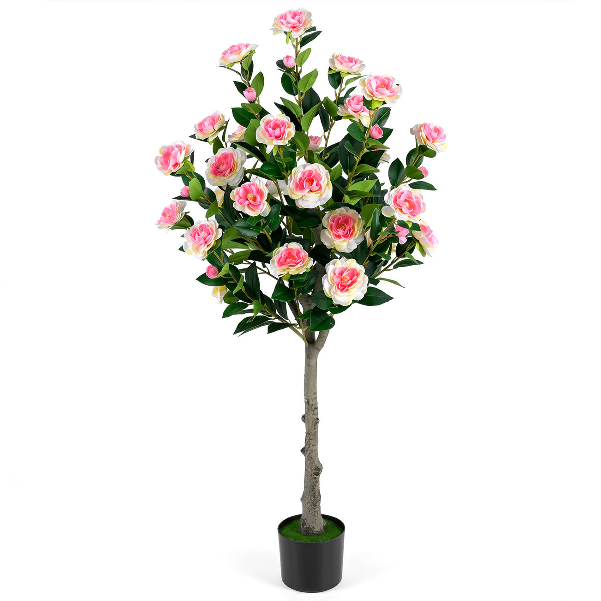 Artificial Camellia Tree with 27 Blossoms in Cement Pot for Home-Set of 1