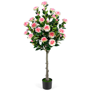 Artificial Camellia Tree with 27 Blossoms in Cement Pot for Home-Set of 1