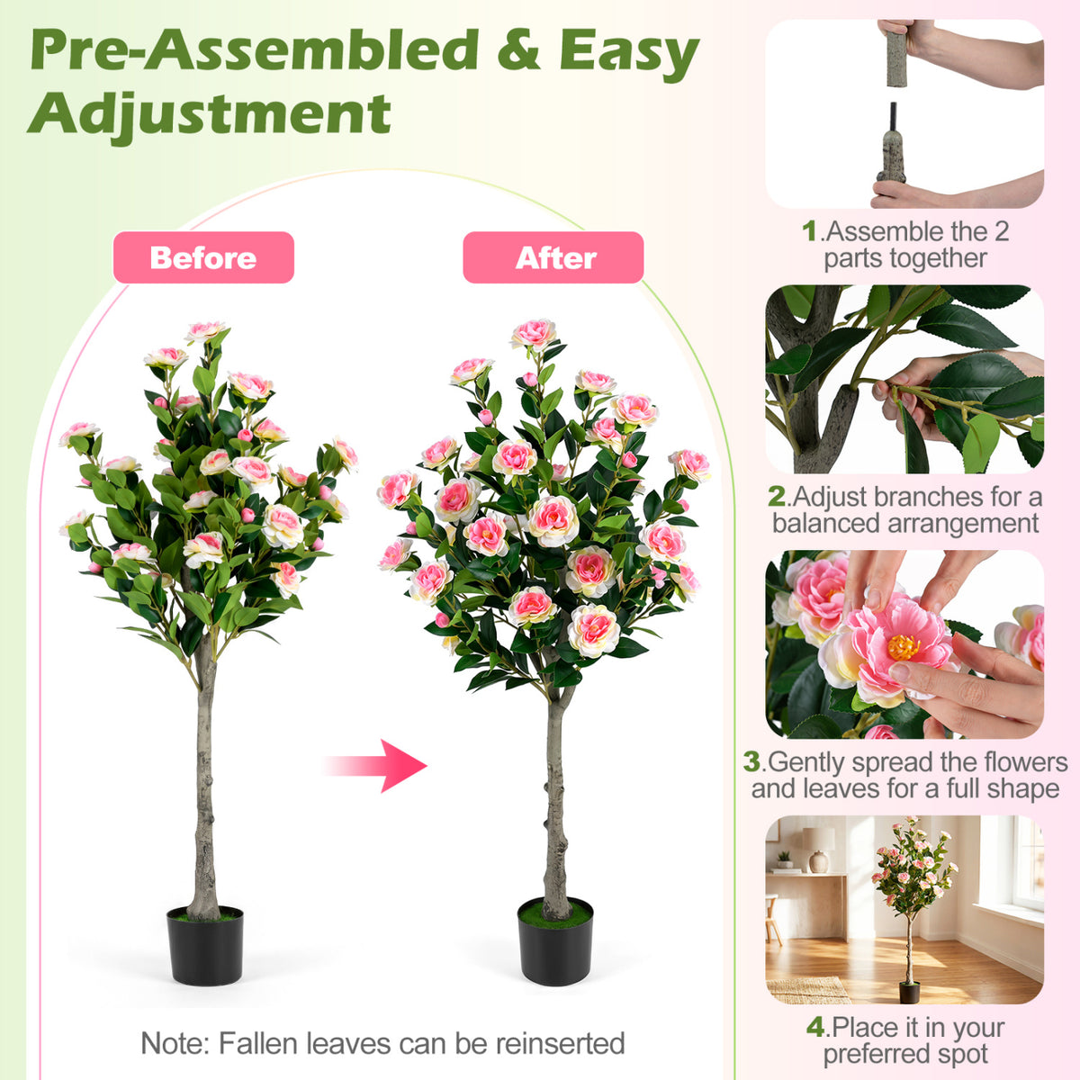Artificial Camellia Tree with 27 Blossoms in Cement Pot for Home-Set of 1 view 5