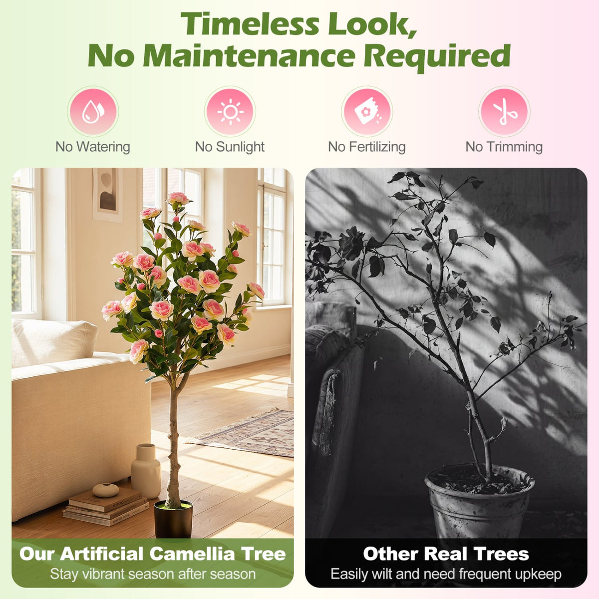 Artificial Camellia Tree with 27 Blossoms in Cement Pot for Home-Set of 1 view 6