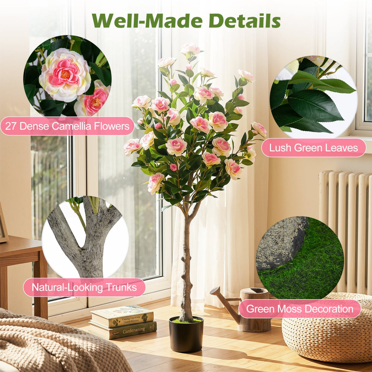 Artificial Camellia Tree with 27 Blossoms in Cement Pot for Home-Set of 1 view 9