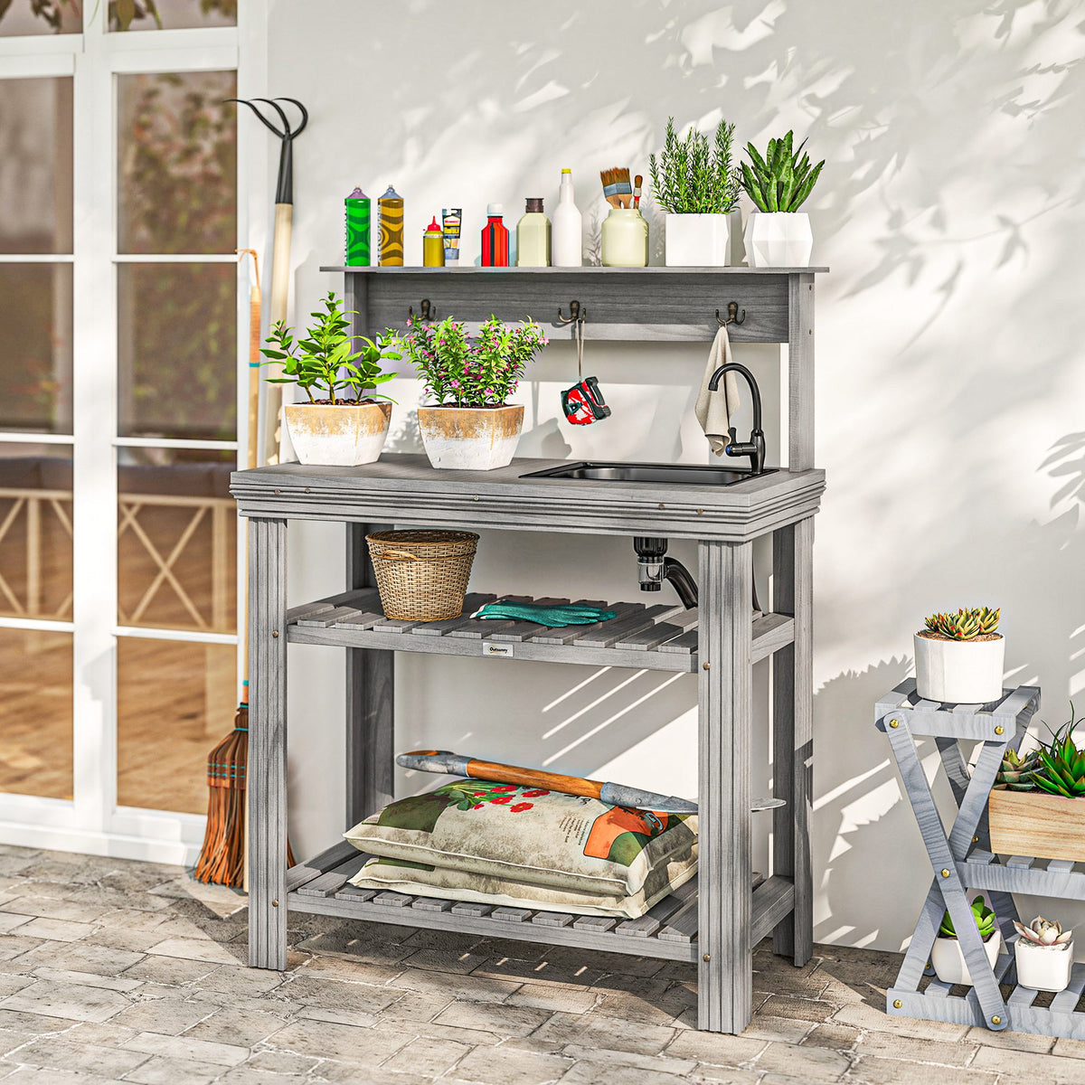 Outdoor Potting Bench Table with Faucet, Removable Sink, Hooks and Storage Shelves – view 7