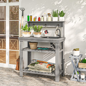 Outdoor Potting Bench Table with Faucet, Removable Sink, Hooks and Storage Shelves – view 7