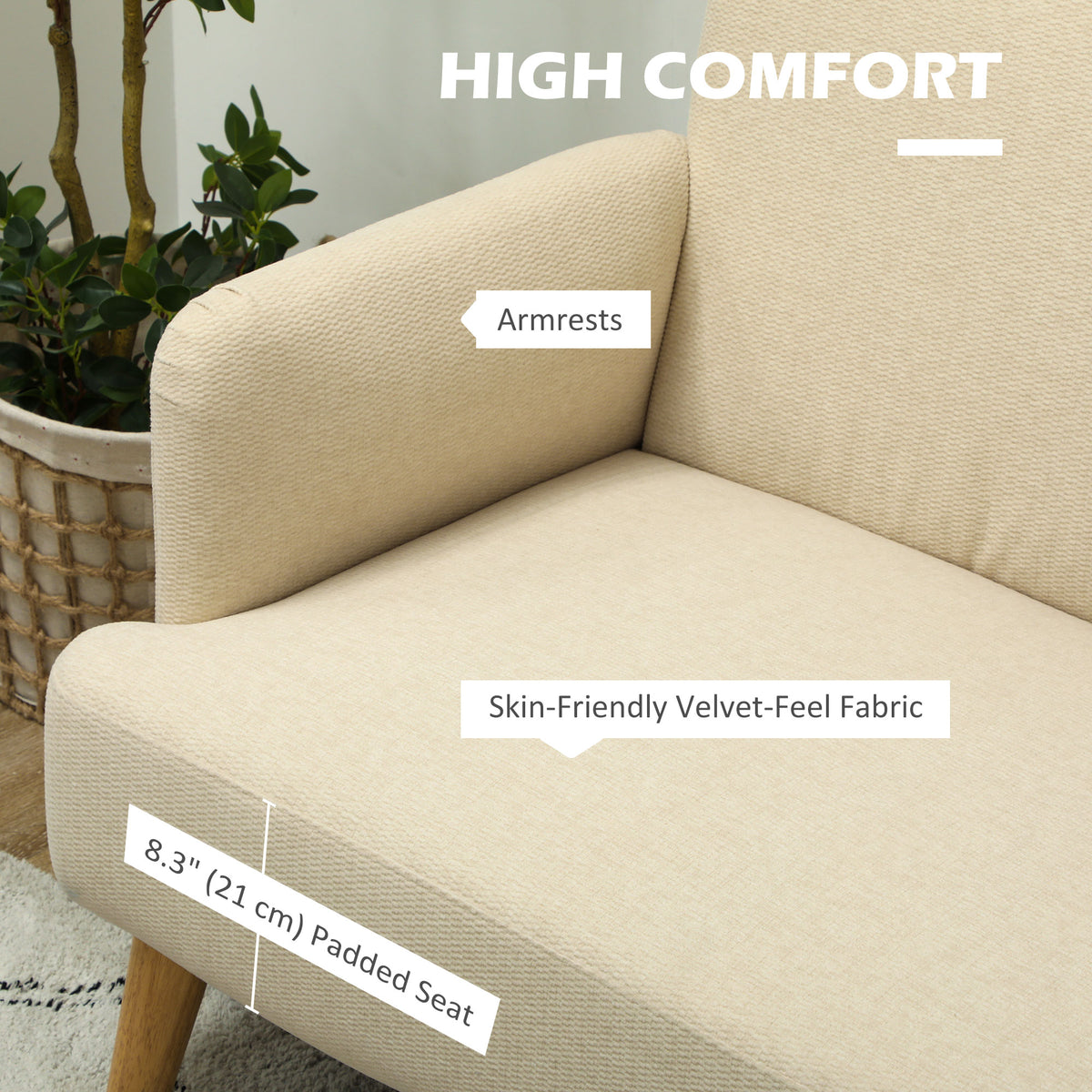 Velvet Feel Fabric 2 Seater Sofa, Small Sofa Loveseat with 8.3" Thick Padding and Wood Legs, Black – view 10