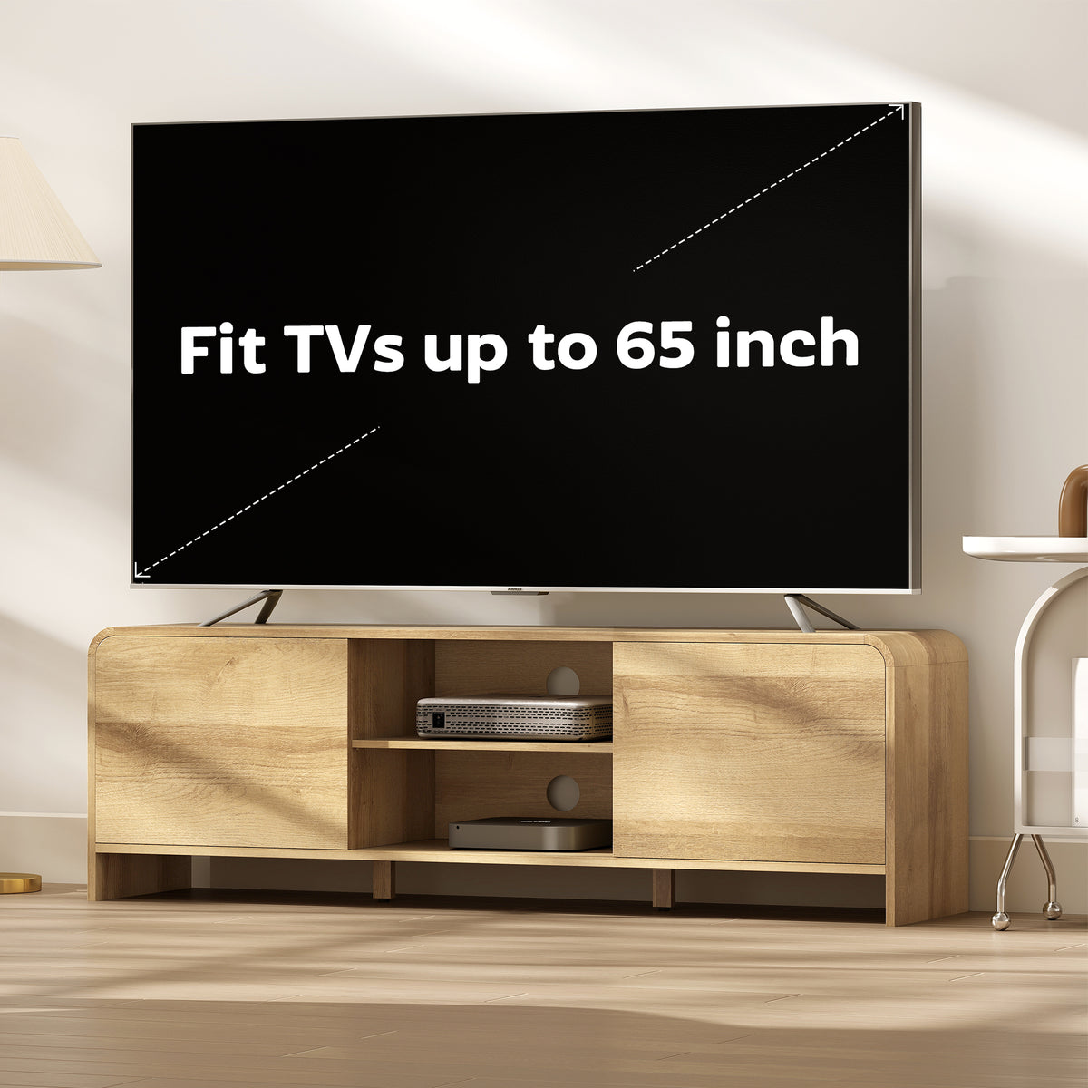 TV Stand for up to 65 Inch TV, Nordic Entertainment Center with 2 Cabinets and 2 Open Shelves for Living Room, Natural