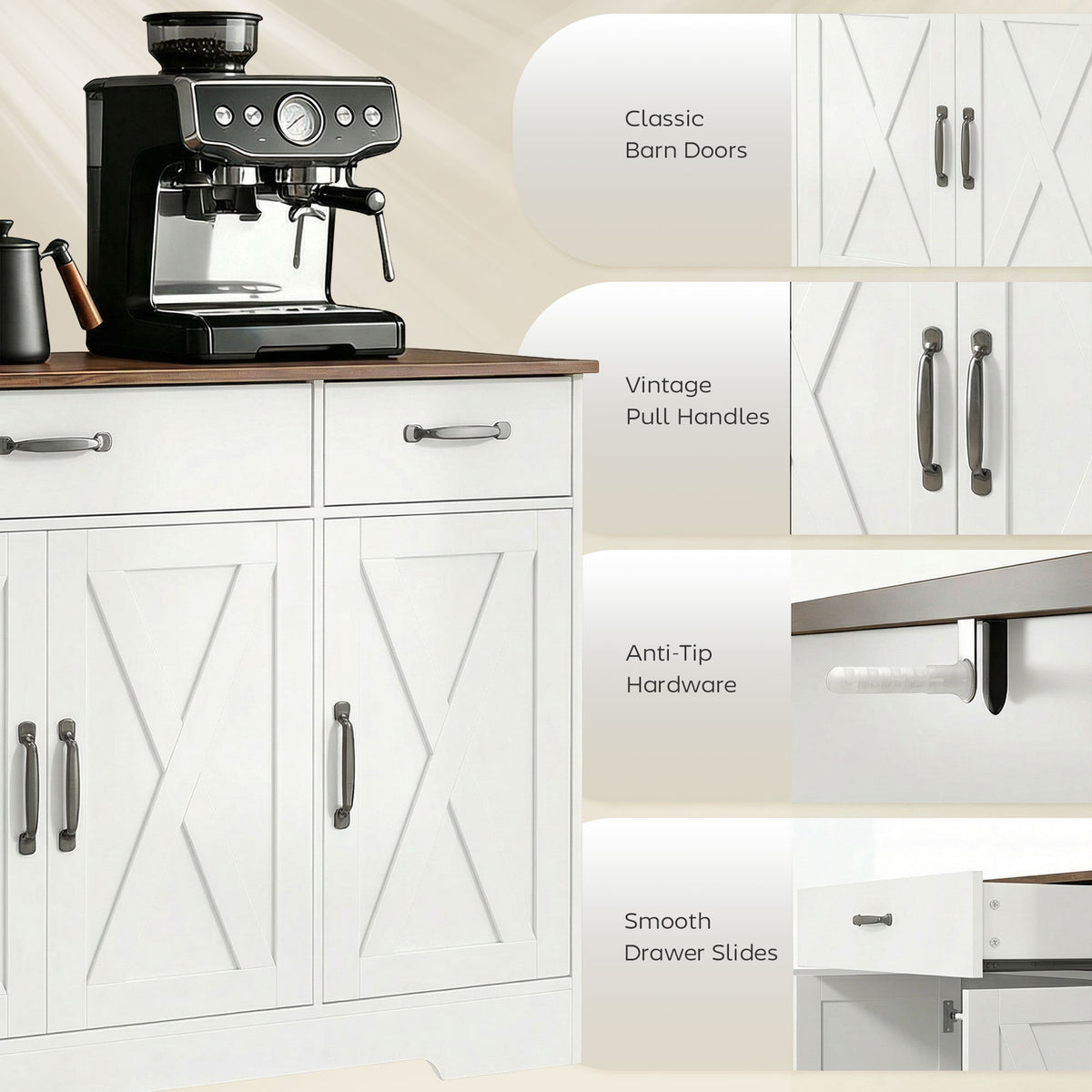 Sideboard Buffet Cabinet, 55" Farmhouse Kitchen Cabinet with 4 Barn Doors, 3 Drawers, 3 Adjustable Shelves – view 13