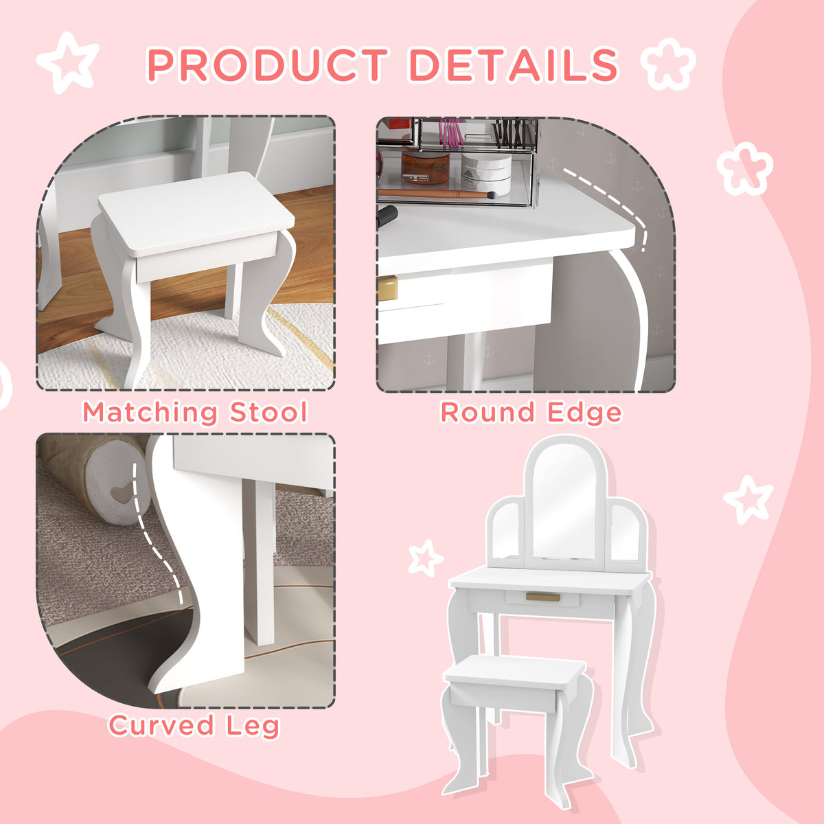 Qaba Kids Dressing Table and Chair Set, Girls Dressing Set, Makeup Desk with Drawer for 3-6 Years Old Kids