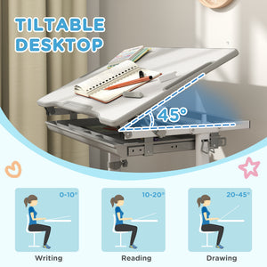 Qaba Height Adjustable Study Table and Chair Set with Drawer, Pen Slot, Tiltable Desktop, Hook