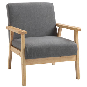 Minimalistic Accent Chairs Wood Frame w/ Thick Linen Cushions Wide Seat Armchair for Bedroom Office, Grey