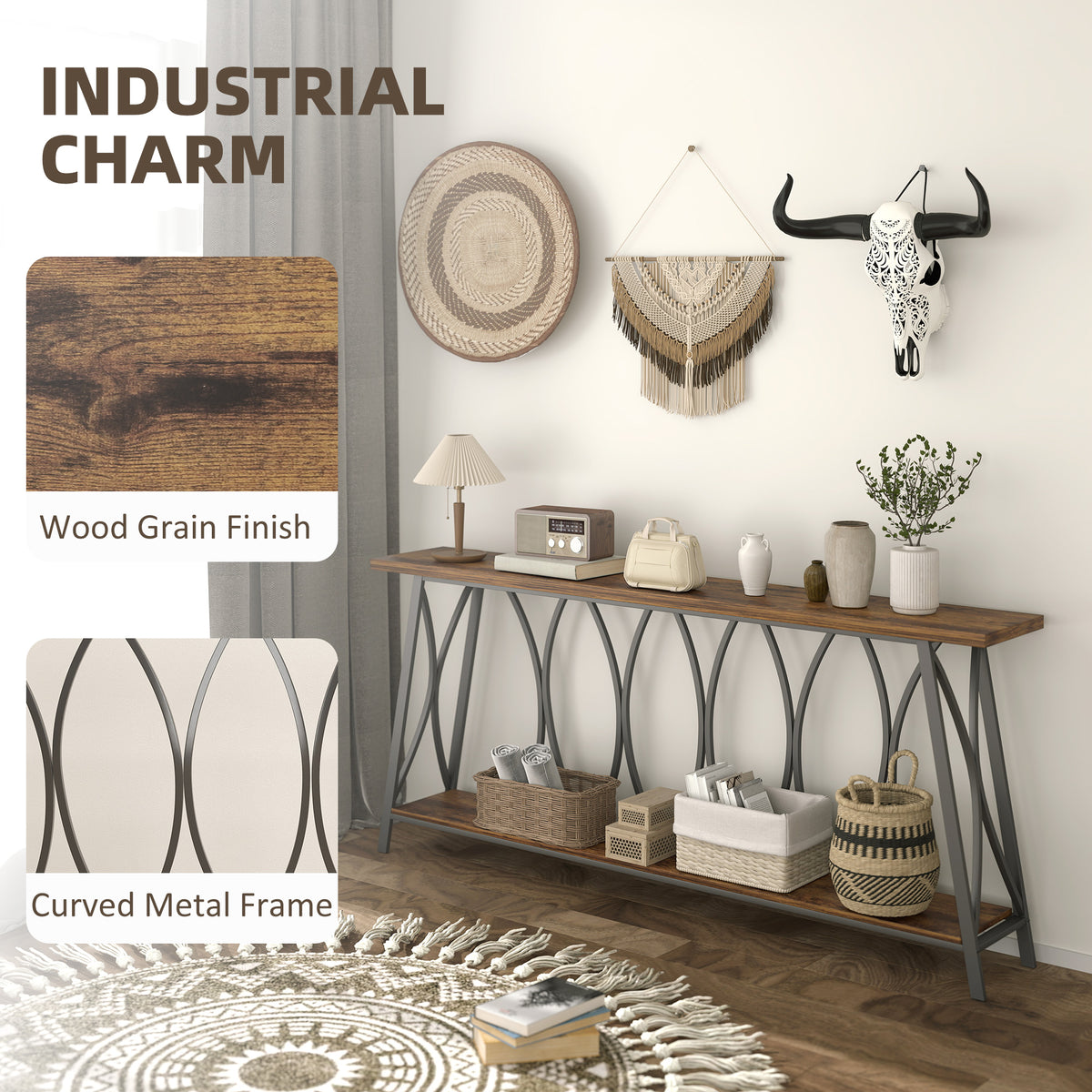 71" Console Table, Industrial 2-Tier Narrow Entryway Table with Metal Frame for Living Room, Hallway, Rustic Brown