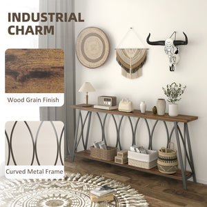 71" Console Table, Industrial 2-Tier Narrow Entryway Table with Metal Frame for Living Room, Hallway, Rustic Brown