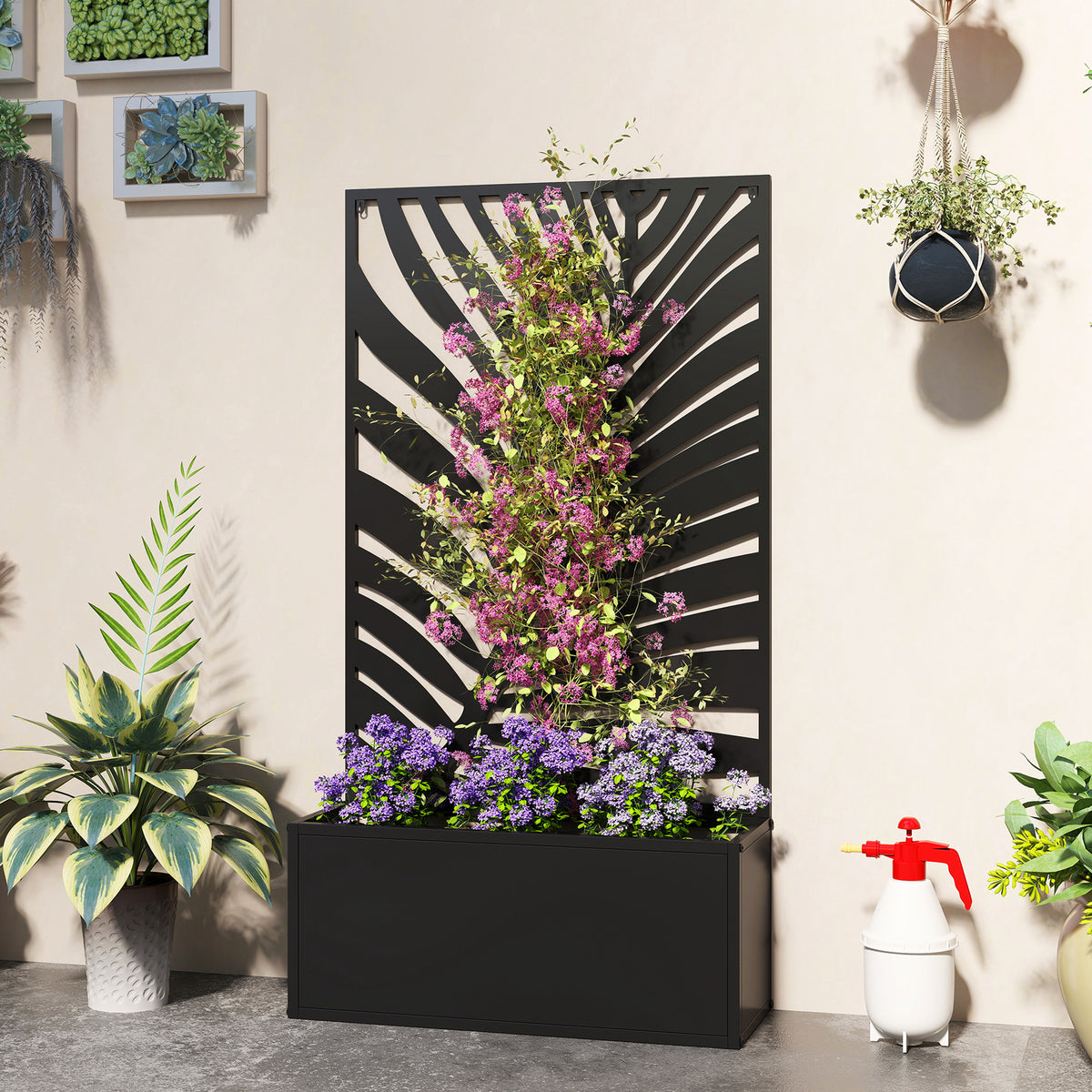 Metal Garden Bed with Trellis for Climbing Plants, Freestanding or Wall Mounted Flower Bed for Garden, Patio, Balcony