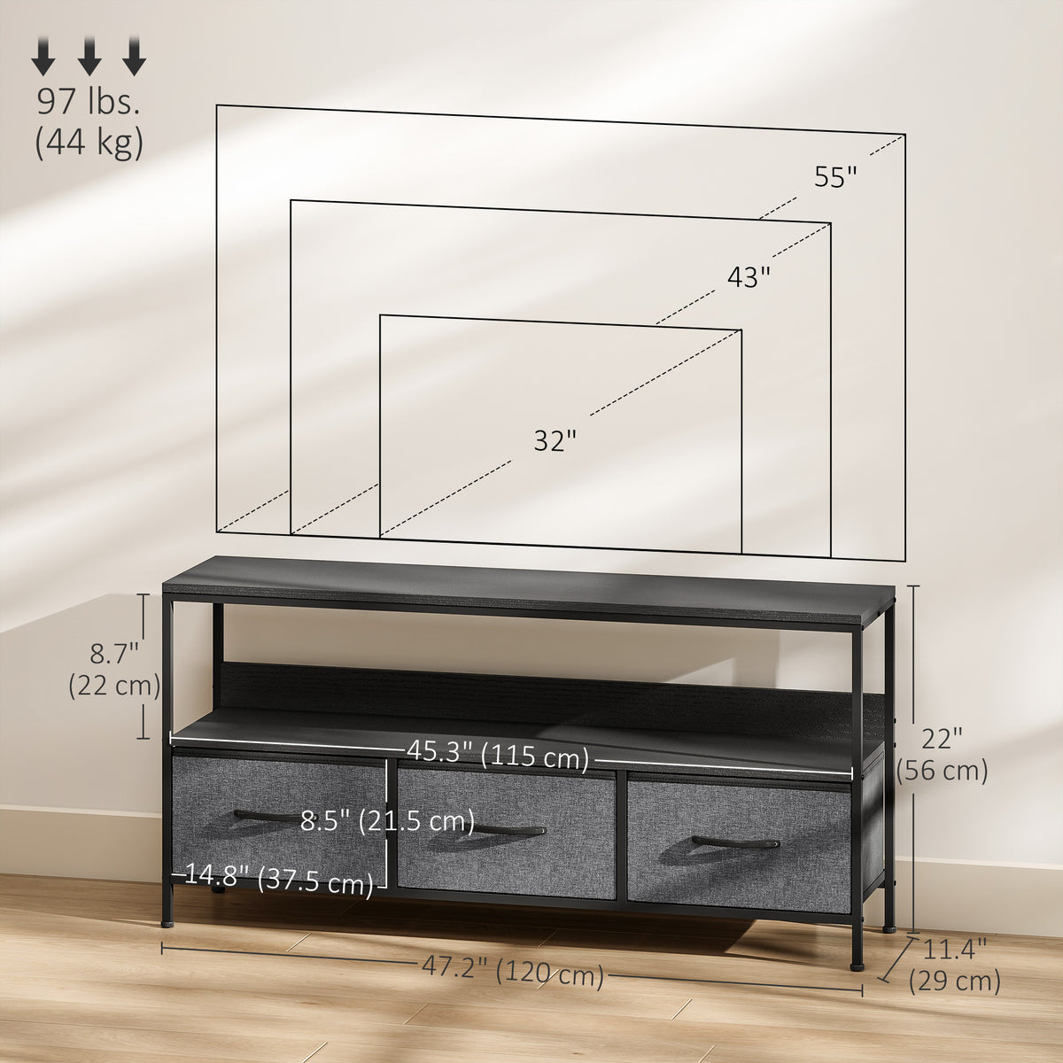 TV Stand with Charging Station, TV Table with 2 Foldable Linen Drawers and Open Shelf for 47 Inch – view 16