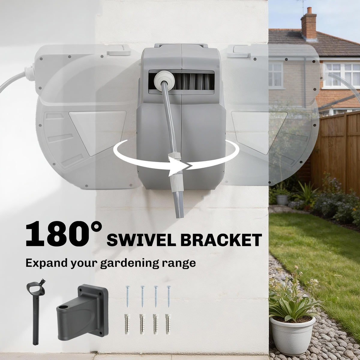 Retractable Garden Hose Reel, 1/2" x 98ft Wall Mounted Hose Reel with Auto Retraction, Self-Locking, Grey