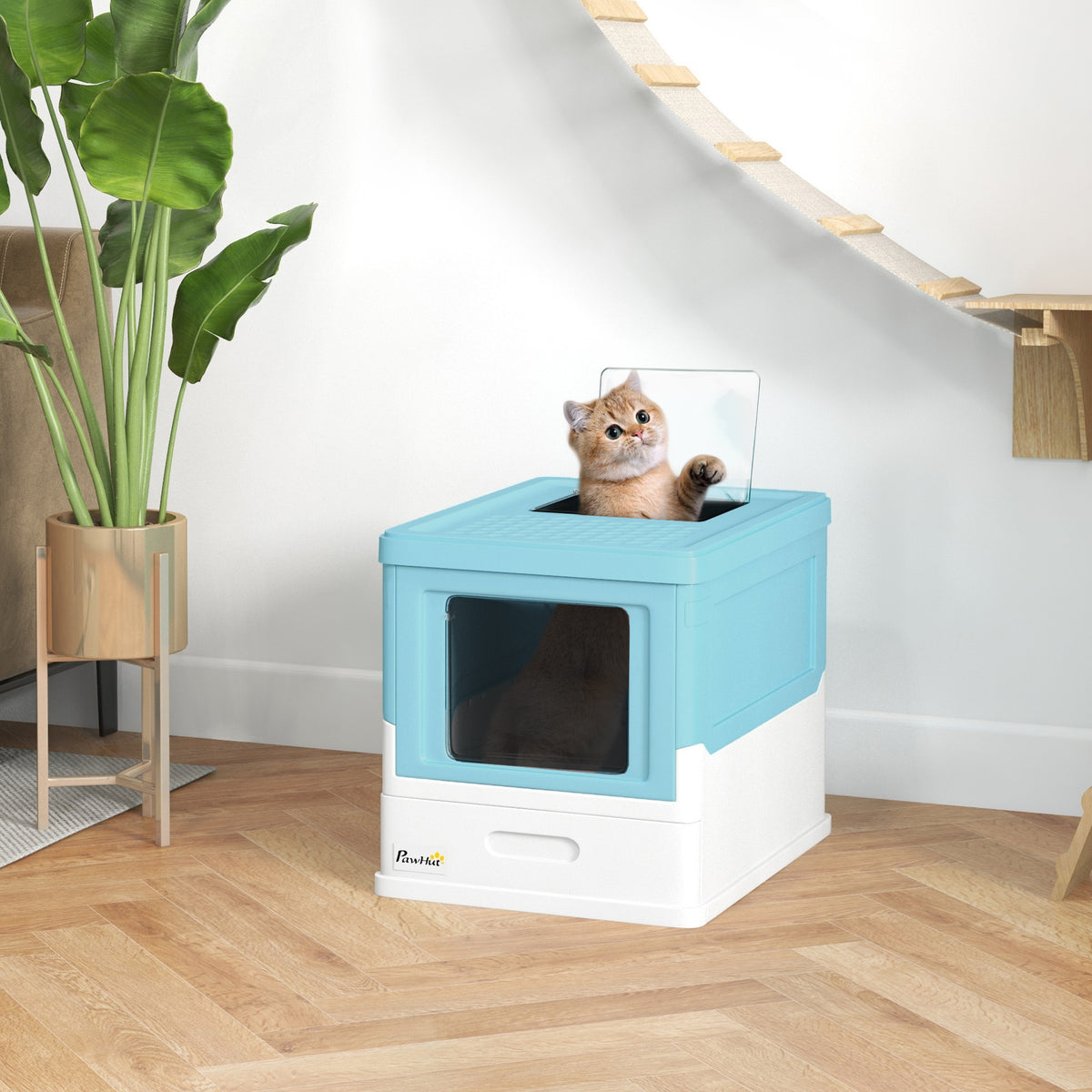 Top Entry Enclosed Kitty Litter Box with Scoop, Tray, Front Entry, Large Space, Foldable, Portable, Grey – view 14