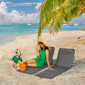 Set of 2 Beach Lounge Chair Sun Lounger, Folding Ground Beach Mat w/ Adjustable Back, Steel Frame, Head Pillow and Carry Bag for Backyard Lakeside, Red and White
