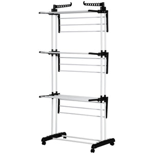 Foldable Clothes Drying Rack, 4-Tier Steel Laundry Rack for Drying Clothes with 2 Side Wings and 4 Castors