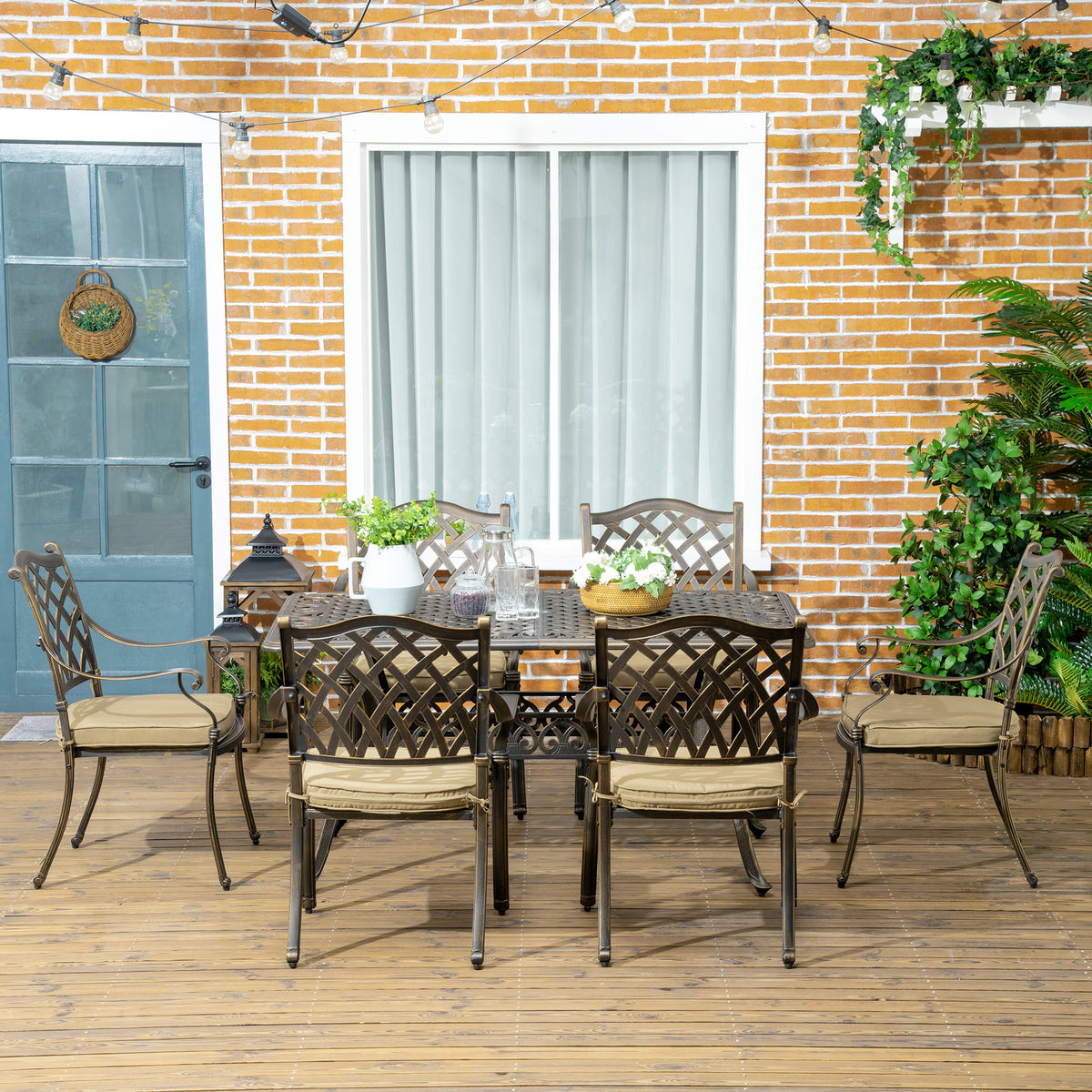 7 Pieces Patio Dining Set with Umbrella Hole, Cast Aluminum Outdoor Patio Furniture Set with 6 Cushioned Chairs and Rectangle Dining Table, for Garden, Lawn, Deck, Khaki