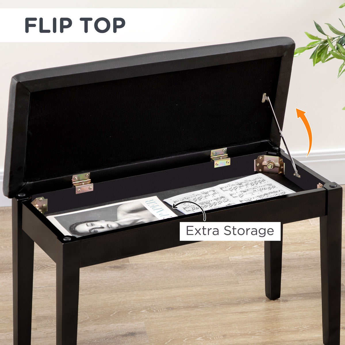 Classic Piano Bench Stool, PU Leather Padded Keyboard Seat with Rubber Wood Legs and Music Storage Compartment, Smooth Seat, Black