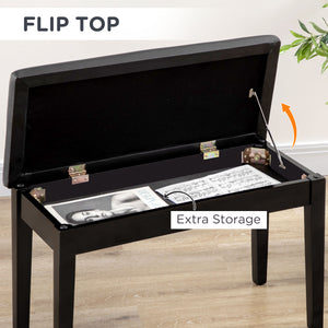 Classic Piano Bench Stool, PU Leather Padded Keyboard Seat with Rubber Wood Legs and Music Storage Compartment, Smooth Seat, Black