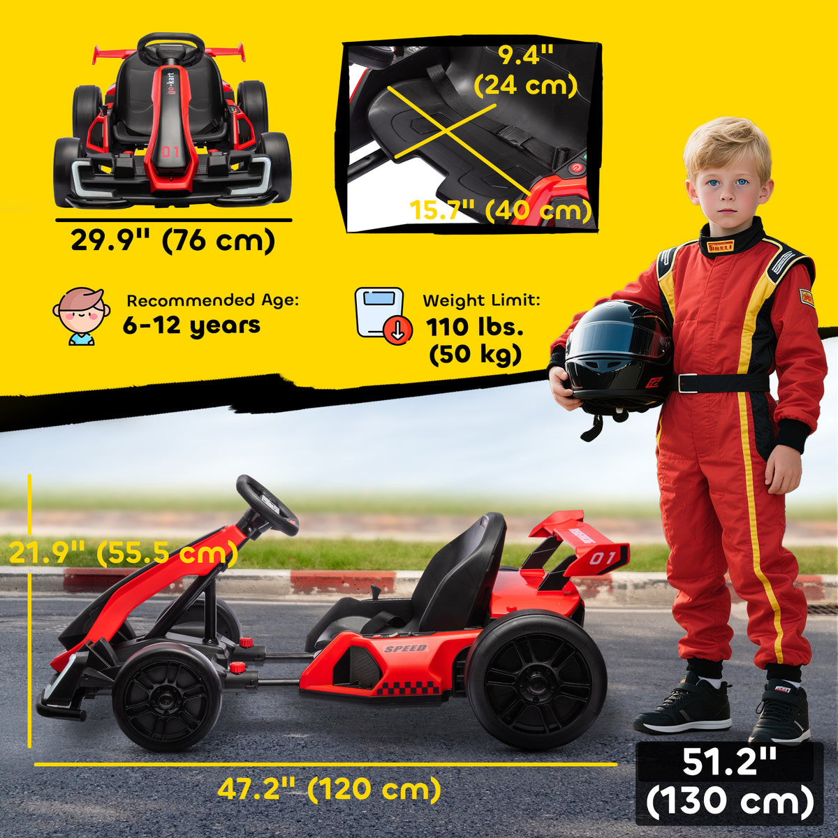 Aosom 24V Electric Go Kart, Battery Powered Kids Drift Kart with Adjustable Seat, Seat Belt, Horn, Music, Light