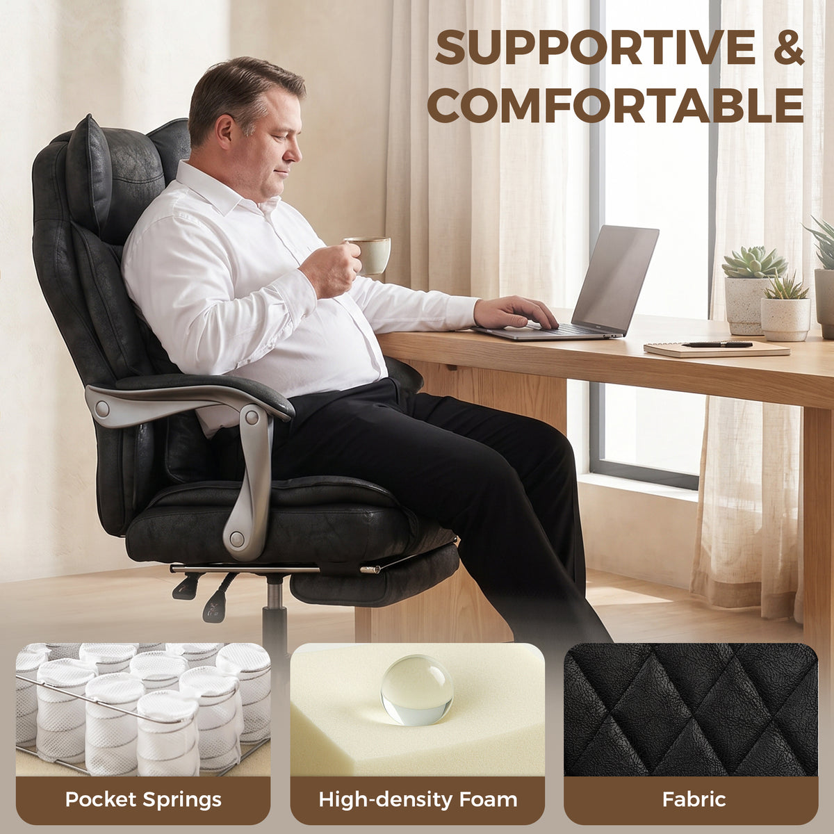 Executive Office Chair, Leathaire Big and Tall Office Chair 400 lbs with Wide Seat, Reclining, Lumbar Support, Black
