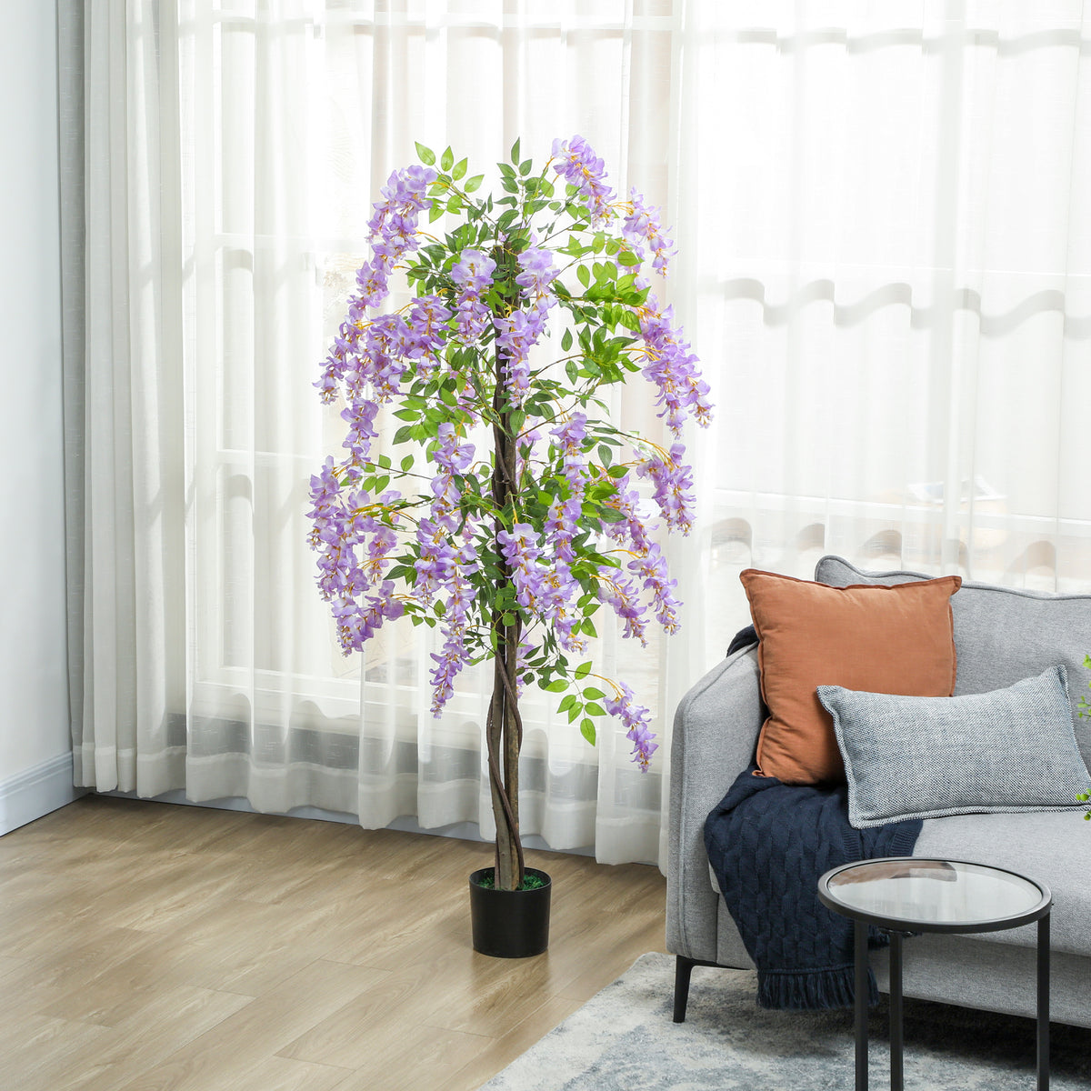5.9FT Fake Wisteria Tree with Natural Wood Trunk, Artificial Plant in Nursery Pot, Greenery Tall Faux Floor Plant Purple