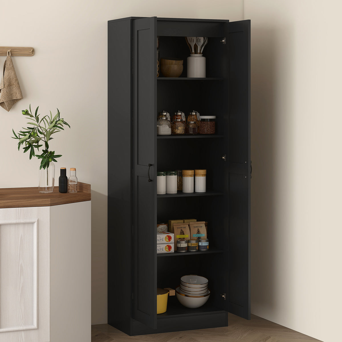 69" Tall Pantry Cabinet with Adjustable Shelves, Modern Kitchen Pantry Cabinet with Soft Close Doors, Black – view 7